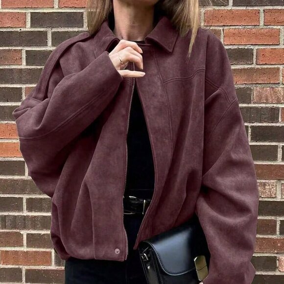 Burgundy Casual Women's  Loose Long Sleeves Zip Bomber Coat Jacket Outerwear - Picture 1 of 6